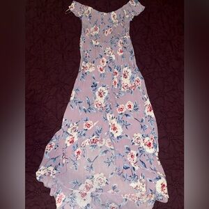 Candie's Floral Off-Shoulder Romper With Flowy Skirt- Lavender and White